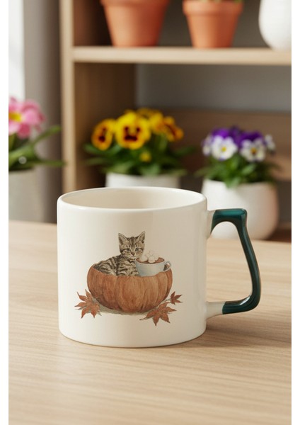 Sonbahar Temalı Sevimli Kedi No:4 Baskılı Yeşil D Kulplu Kupa Bardak