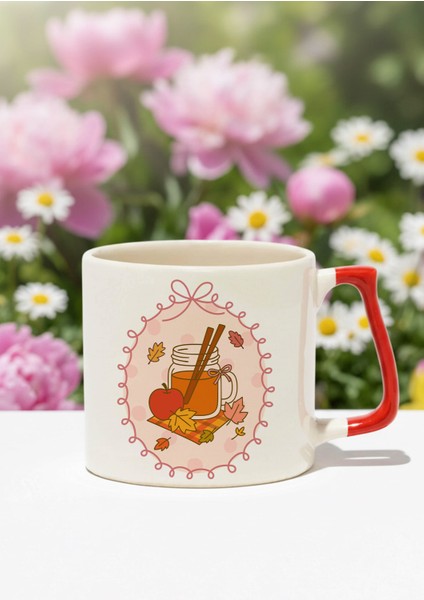 Sonbahar Temalı Elma Baskılı Kırmızı D Kulplu Kupa Bardak