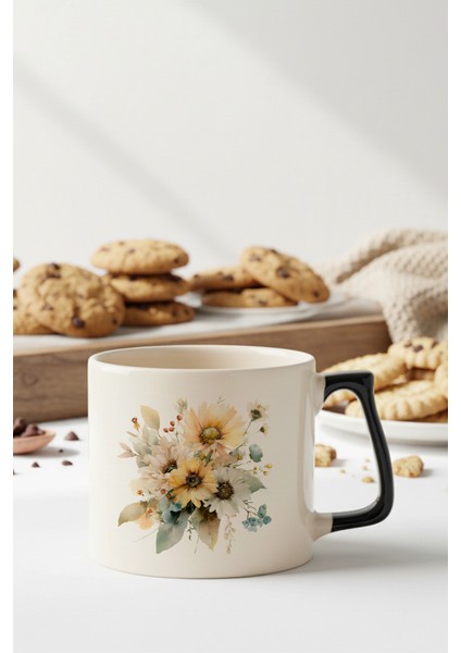 Ayçiçekleri Sonbahar Teması No:5 Baskılı Siyah D Kulplu Kupa Bardak