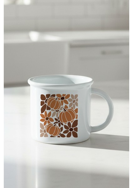 Boho Floral Fall Pumpkin Baskılı Enamel Görünümlü Seramik Vintage Kupa Bardak