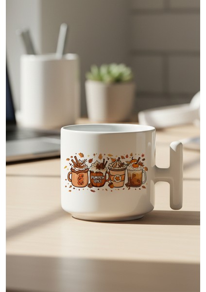 Sonbahar Temalı Kahveler No:5 Baskılı Hediyelik T Kulplu Latte Fincanı Kupa Bardak