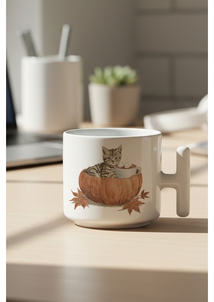 Sonbahar Temalı Sevimli Kedi No:4 Baskılı Hediyelik T Kulplu Latte Fincanı Kupa Bardak