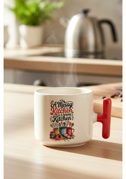 A Messy Kitchen Baskılı Kırmızı Renkli T Kulplu Latte Fincanı Kupa