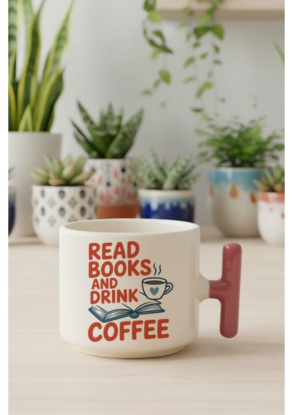 Read Books And Coffee Baskılı Pembe Renkli T Kulplu Latte Fincanı Kupa