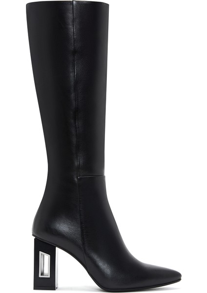 Kadın Siyah Fermuarlı Topuklu Deri Çizme 25WFD131518