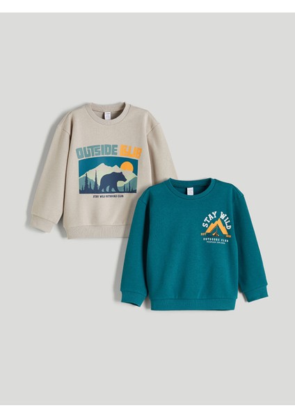 Yeni Sezon Bisiklet Yaka Baskılı Erkek Çocuk Sweatshirt 2'li