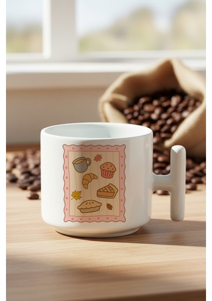 Sonbahar Temalı Tatlılar Baskılı Hediyelik T Kulplu Latte Fincanı Kupa Bardak