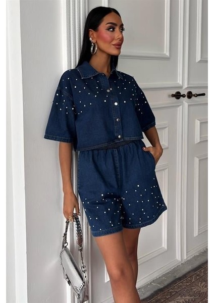 Taş Detaylı Gömlek Şort Denim Takım 10175