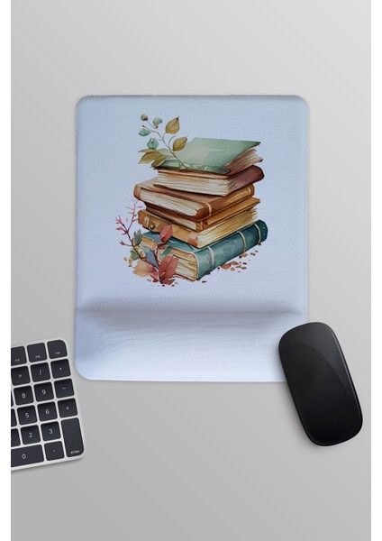 Retro Kitaplar ve Yapraklar Baskılı Dikdörtgen Bilek Destekli Mousepad
