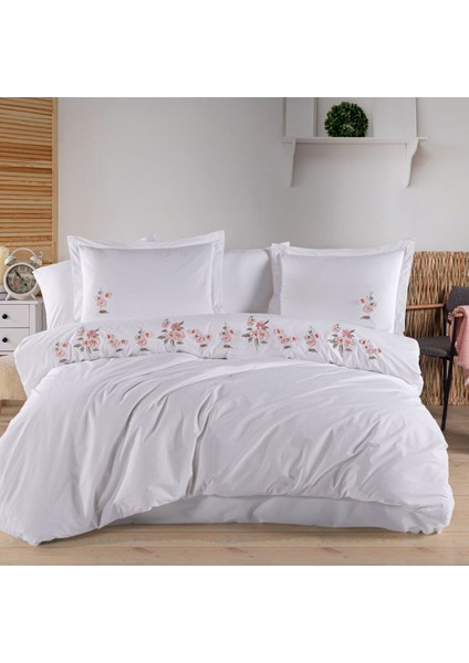 Premium Ophelia Beyaz - Poplin Çift Kişilik Nakışlı Nevresim Takımı
