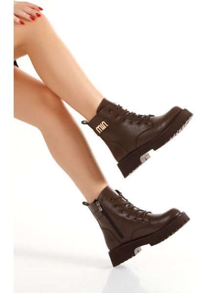 Kahverengi Kadın Postal Bot - Bağcıklı Yandan Fermuarlı Tırtıklı Tabanlı Günlük Postal Bot & Bootie