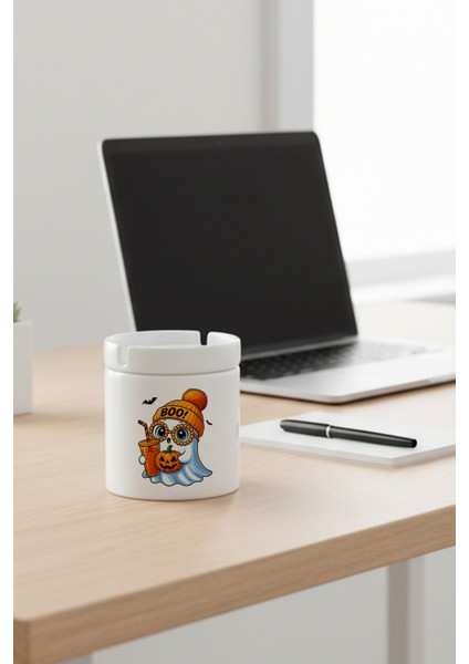 Sonbahar Teması Sevimli Halloween Hayalet Baskılı Seramik Kapaklı Kokusuz Küllük