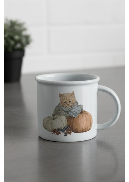 Sonbahar Temalı Sevimli Kedi No:11 Baskılı Enamel Görünümlü Seramik Vintage Kupa Bardak