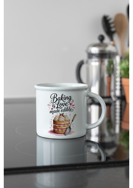 Baking Love Baskılı Enamel Görünümlü Seramik Vintage Kupa Bardak