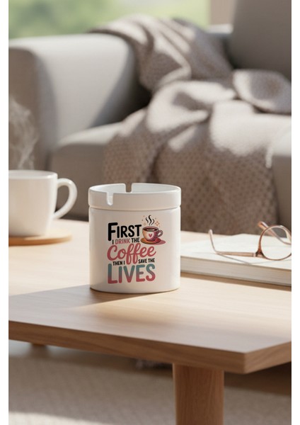 First The Coffee Baskılı Seramik Kapaklı Kokusuz Küllük