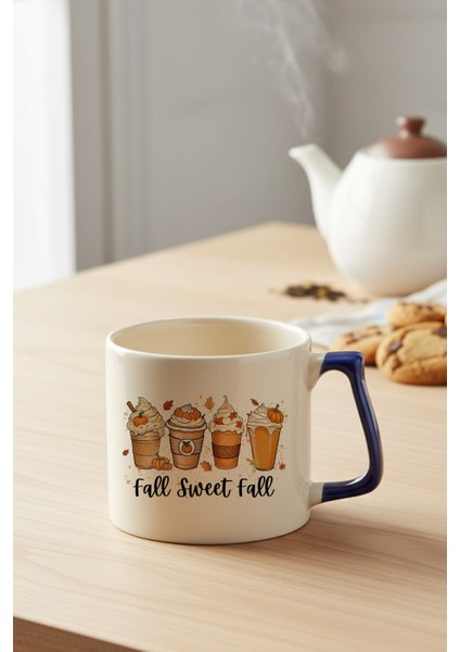 Sonbahar Temalı Kahveler No:7 Baskılı Lacivert D Kulplu Kupa Bardak