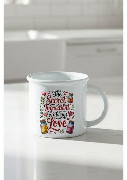 Secret Ingredians Is Love Baskılı Enamel Görünümlü Seramik Vintage Kupa Bardak