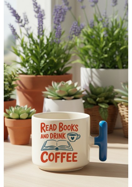 Read Books And Coffee No:2 Baskılı Mavi Renkli T Kulplu Latte Fincanı Kupa