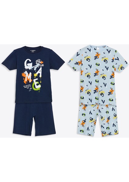 Yeni Sezon Bisiklet Yaka Erkek Çocuk Şortlu Pijama Takımı 2'li