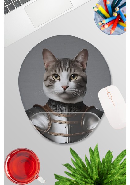 Ortaçağ Kostümlü Kediler No:6 Oyuncu Gaming Oval Bilek Destekli Mousepad