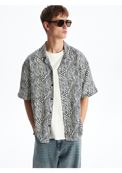 Yeni Sezon Rahat Kalıp Kısa Kollu Desenli Viskon Erkek Gömlek