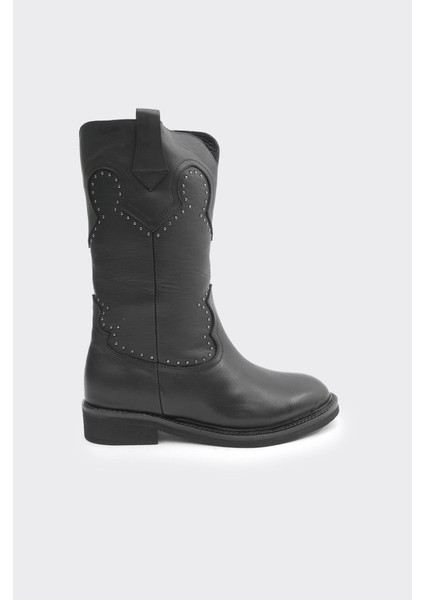 Hakiki Deri Bilekte Fermuarlı Kadın Diz Altı Çizme