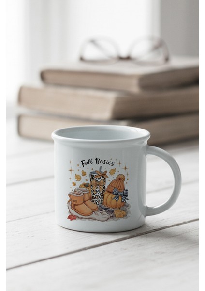 Retro Fall Basics Baskılı Enamel Görünümlü Seramik Vintage Kupa Bardak