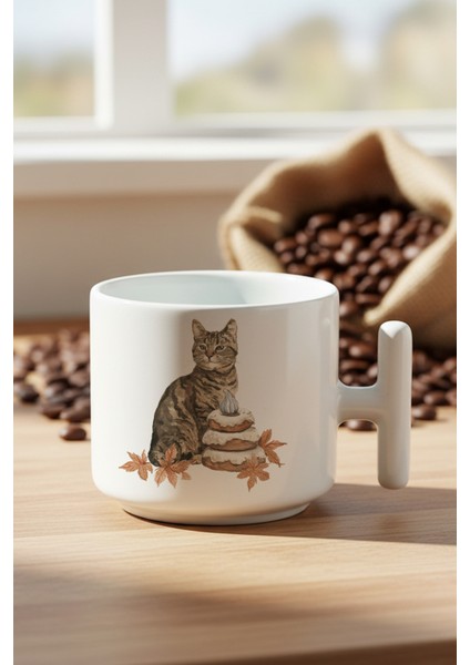 Sonbahar Temalı Sevimli Kedi No:7 Baskılı Hediyelik T Kulplu Latte Fincanı Kupa Bardak