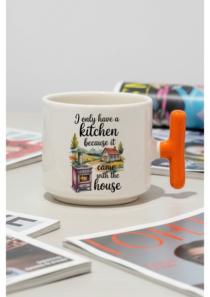 I Only Love Kitchen Baskılı Turuncu Renkli T Kulplu Latte Fincanı Kupa