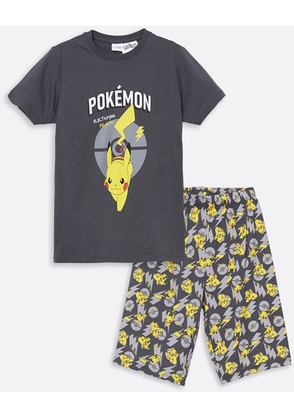 Yeni Sezon Bisiklet Yaka Pikachu Baskılı Kısa Kollu Erkek Çocuk Şortlu Pijama Takımı