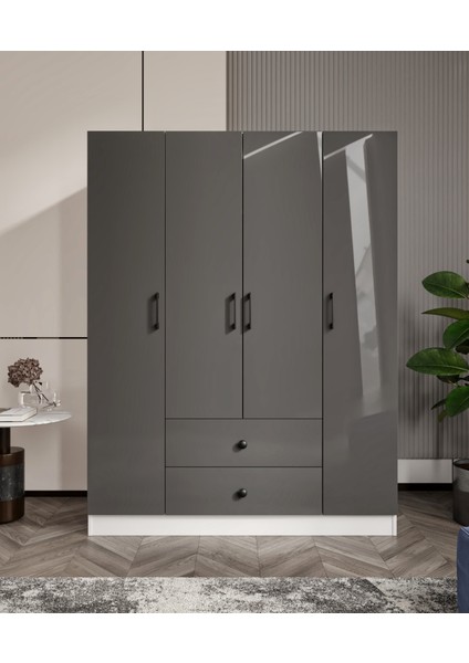 %100 Mdf 4 Kapaklı 2 Çekmeceli 12 Raflı Elbise Dolabı – Gardırop Hi-Gloss Antrasit Parlak Kapak- Soft Beyaz GÖVDE182X140X52 cm Moriva
