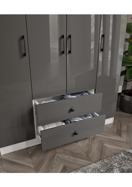 %100 Mdf 4 Kapaklı 2 Çekmeceli 12 Raflı Elbise Dolabı – Gardırop Hi-Gloss Antrasit Parlak Kapak- Soft Beyaz GÖVDE182X140X52 cm Moriva modelleri
