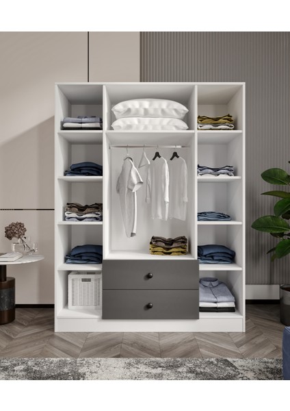 %100 Mdf 4 Kapaklı 2 Çekmeceli 12 Raflı Elbise Dolabı – Gardırop Hi-Gloss Antrasit Parlak Kapak- Soft Beyaz GÖVDE182X140X52 cm Moriva indirimleri