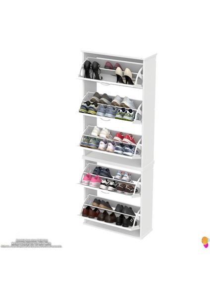 Asil 2 Li Beyaz Asma Ayakkabılık Kapı Önü 5 Düşer Kapak 10 Göz Bölme Ayakkabılık 72X193X25,5 cm