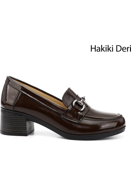 Kadın Kahve Kısa Kalın Topuklu Hakiki Deri Ayakkabı