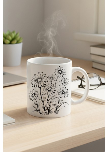 Siyah Çiçekler Baskılı Hediyelik Kupa Bardak