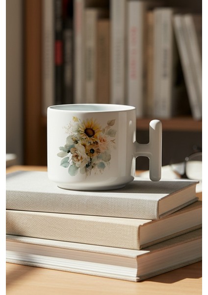 Ayçiçekleri Sonbahar Teması No:4 Baskılı Hediyelik T Kulplu Latte Fincanı Kupa Bardak