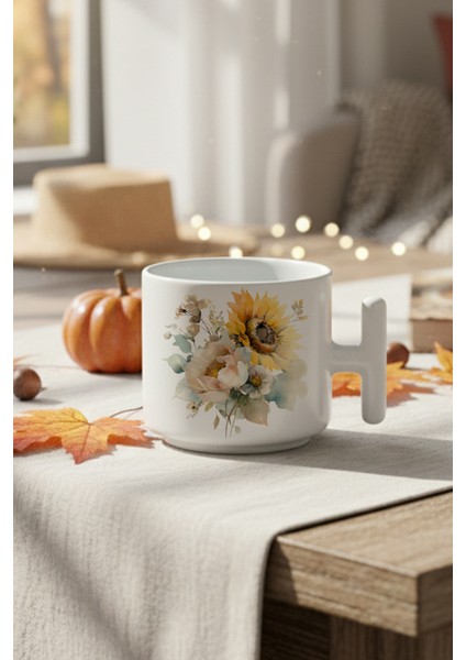 Ayçiçekleri Sonbahar Teması No:3 Baskılı Hediyelik T Kulplu Latte Fincanı Kupa Bardak