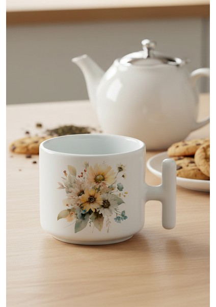 Ayçiçekleri Sonbahar Teması No:5 Baskılı Hediyelik T Kulplu Latte Fincanı Kupa Bardak