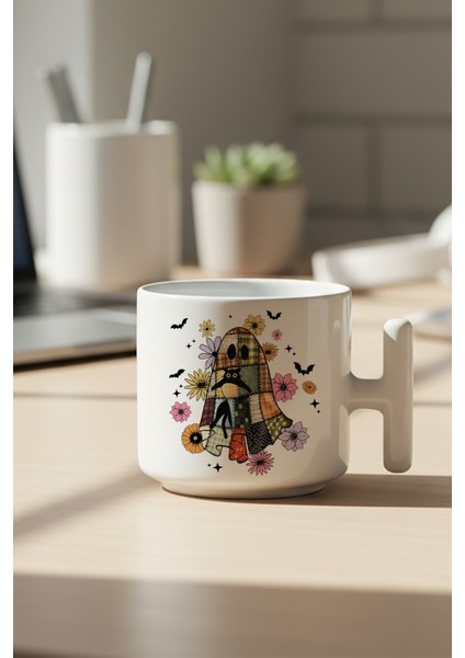 Hayalet ve Sevimli Kedi Baskılı Hediyelik T Kulplu Latte Fincanı Kupa Bardak