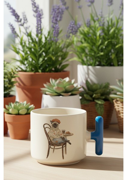 Sonbahar Temalı Sevimli Kedi No:3 Baskılı Mavi Renkli T Kulplu Latte Fincanı Kupa