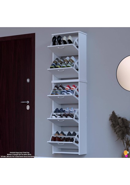 Ikra Beyaz Asma Ayakkabılık Kapı Önü 5 Düşer Kapak 10 Göz Bölmeli Ayakkabılık 52X194X26 cm