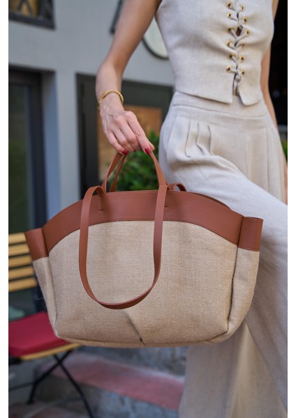 Taba Hasır Kadın Kontrast Tote Çanta