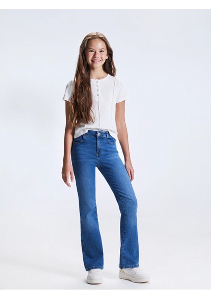 Lcw Kids Indigo Flare Fit Kız Çocuk Jean Pantolon ve Toka 2'li