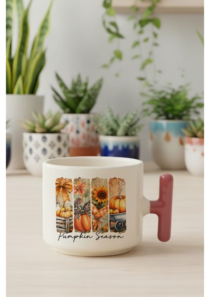 Pumpkin Season Baskılı Pembe Renkli T Kulplu Latte Fincanı Kupa