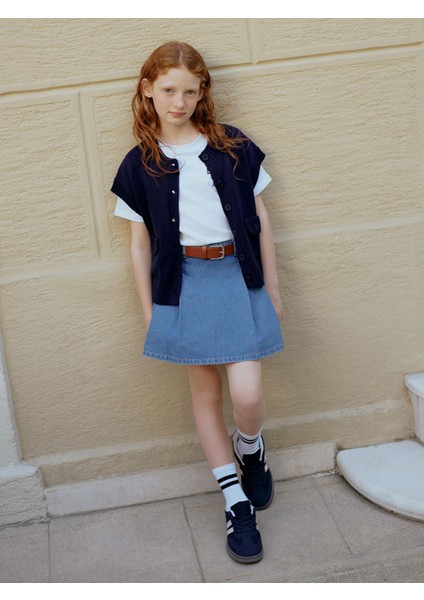 Lcw Kids Indigo Beli Lastikli Pileli Kız Çocuk Jean Şort Etek