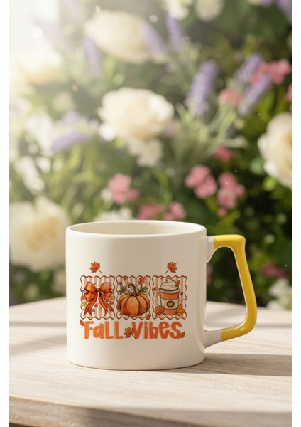 Hello Fall Vibes Baskılı Sarı D Kulplu Kupa Bardak