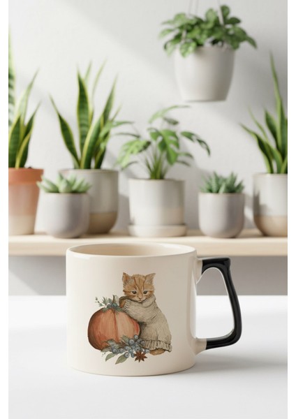 Sonbahar Temalı Sevimli Kedi No:9 Baskılı Siyah D Kulplu Kupa Bardak