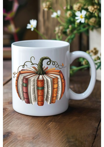 Sonbahar Temalı Balkabağı Kitaplar Baskılı Hediyelik Kupa Bardak