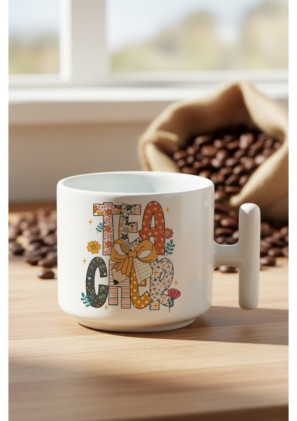 Teacher Çiçek Desenli Öğretmen Baskılı Hediyelik T Kulplu Latte Fincanı Kupa Bardak